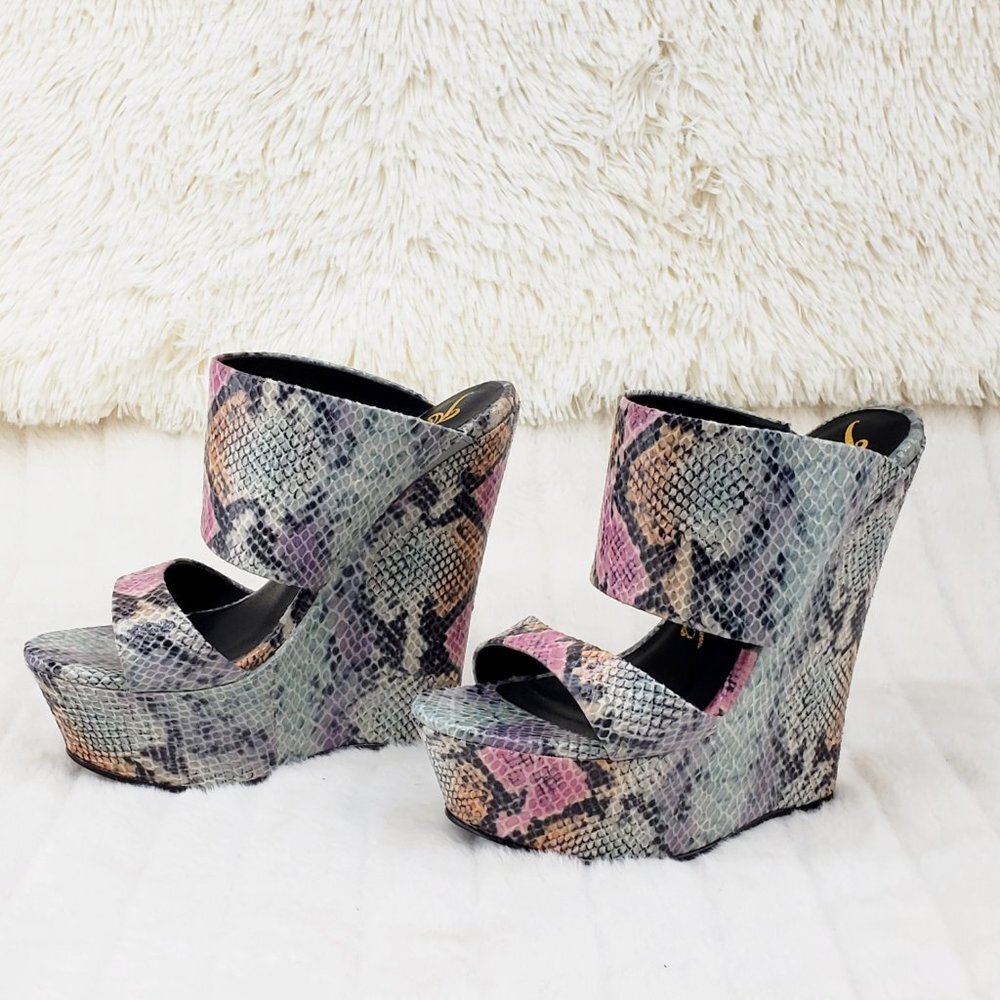 Wide Strap Slip On Multicolor Snake Print 6" Wedge Heel Shoe Platform Sandals